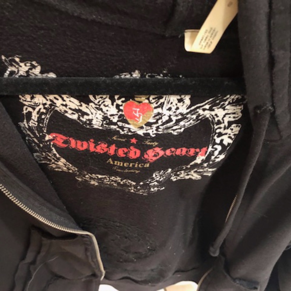 Twisted Heart Black Hoodie Size S w Crystal Skull